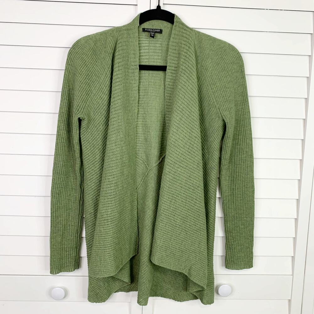 Eileen Fisher Cardigan Sweater Top PM Medium 100% Wool Green Open Front Knit